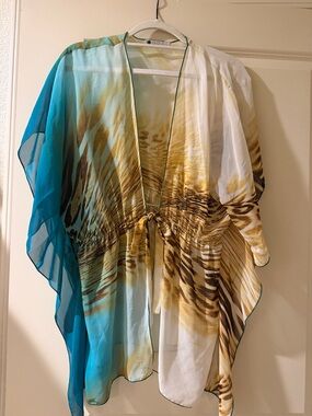 Sheer Tie-Front Kaftan Tunic in Teal, White & Brown
